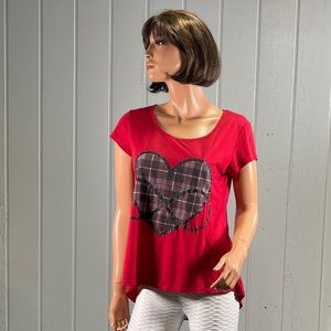 *Hybrid Red Heart Blouse with Sheer Plaid Pattern Back Sz M